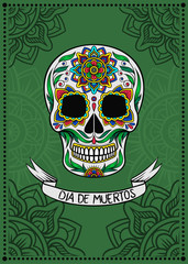 Mexican sugar skull with colorful floral pattern, Dia de Muertos, design element for poster, greeting card vector Illustration