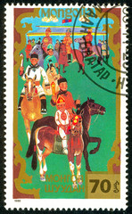 Ukraine - circa 2018: A postage stamp printed in Mongolia shows Horsemanship, Traditional Mongolian sport. Series: Sports. Circa 1988