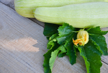 zucchini and leaves with a flower on a wooden background