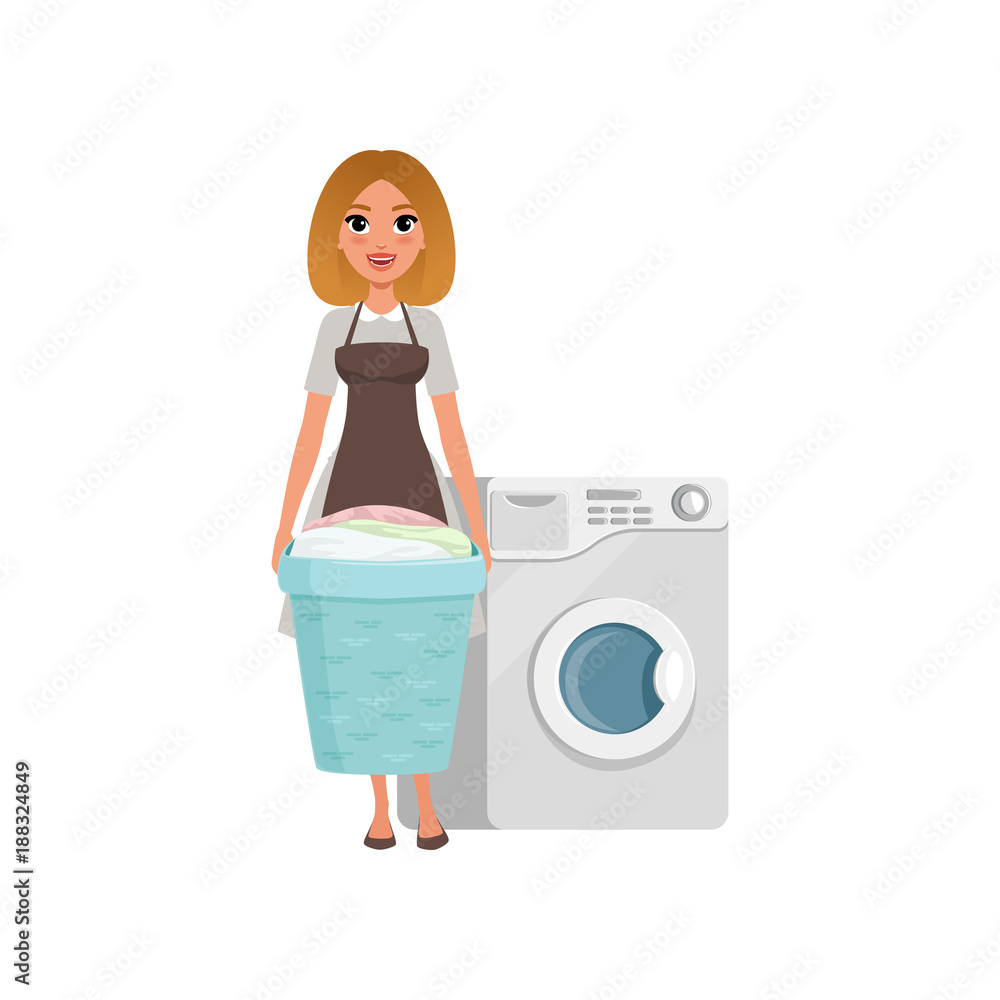 Wall mural Cheerful girl standing and holding laundry basket near washing machine. Cartoon character of hotel maid in dress and apron. Domestic worker. Flat vector design