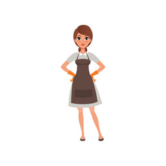 Woman from cleaning maid service. Pretty brunette girl standing with arms akimbo. Cartoon female character in dress, apron and rubber gloves. Flat vector design