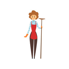Cute young girl holding wooden mop. Cleaning service concept. Cartoon woman character in maid uniforn brouse, pants, apron and rubber gloves. Flat vector design
