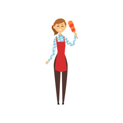 Hotel maid standing and holding dust brush. Domestic worker in red apron, checkered blouse, brown pants and rubber gloves. Cleaning service. Flat vector design
