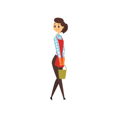Cheerful maid standign with green bucket in hands. Domestic housekeeping. Cleaning service. Girl in in brouse, pants, apron and rubber gloves. Flat vector design