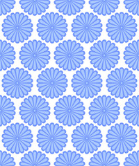 Blue and white symmetrical round daisy flowers seamless pattern, vector