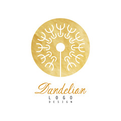 Abstract fluffy dandelion in golden textured circle. Original flower icon. Botanical label for natural cosmetics. Decorative vector element for promo flyer or poster