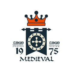 Medieval logo, est 1975, vintage badge or label, heraldry element vector Illustration