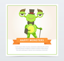 Cute funny green monster gentlemen dressed up top hat and bow tie, happy monsters banner cartoon vector element for website or mobile app