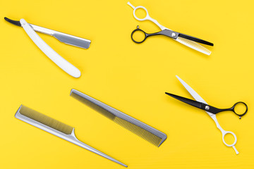 hairdresser's items for haircuts and hair care, bright yellow background