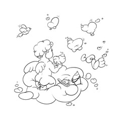 Vector black and white sketch illustration of a cute little angel amour in heaven shapes of clouds hearts and the word love. Romantic Valentine's Declaration of love.