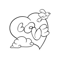 Vector black and white sketch illustration. Romantic card recognition in the sense. Inscription love. Letters on the big hearts and clouds.