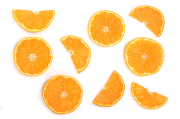 Slices of orange or tangerine isolated on white background with copy space for your text. Flat lay, top view
