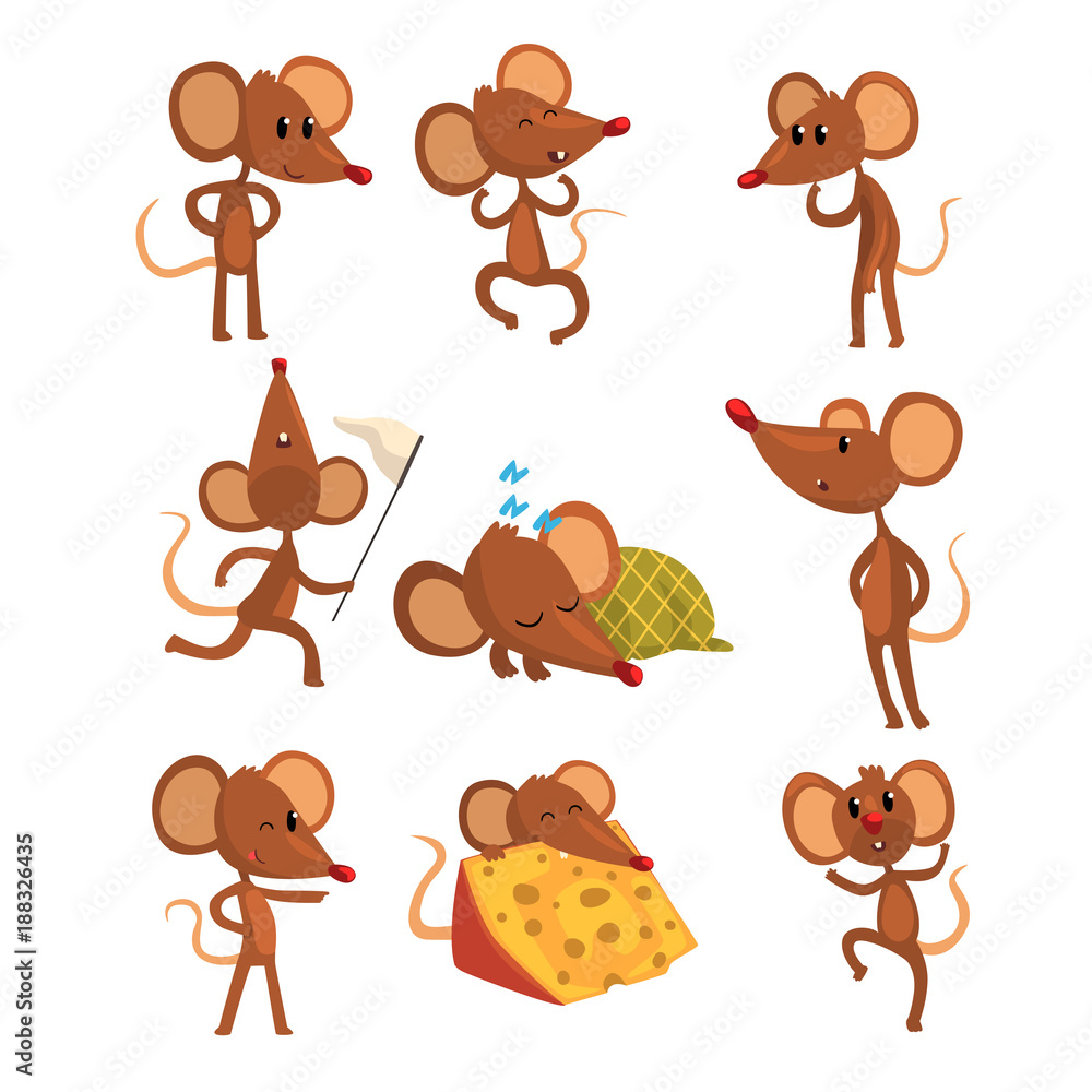Poster set of cartoon mouse character in different actions. running with sweep-net, sleeping, eating cheese