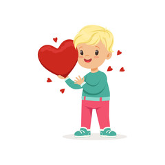 Sweet little boy holding red heart, Happy Valentines Day concept, love and relationships vector Illustration