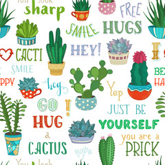Vector seamless pattern of cacti and hand-written lettering.