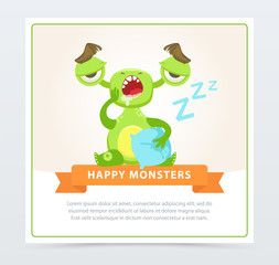 Cute funny green monster yawning, happy monsters banner cartoon vector element for website or mobile app