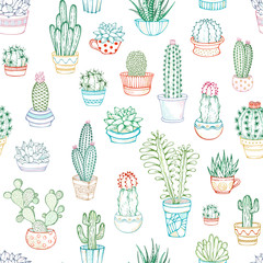 Vector seamless pattern of linear cacti and succulents.