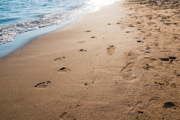Footprints in wet sand of beach
