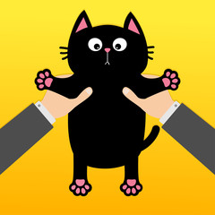 Human businessman hand holding black cat Funny face, paw print, mustaches. Cute cartoon character. Kawaii animal. Love card. Adoption helping hands concept. Flat design. Yellow background.