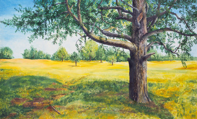 Summer landscape with tree. Oil painting