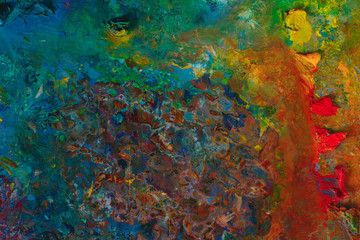 Oil paint palette texture from above. Creative occupation concept. Flat lay with copy space.