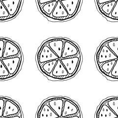 Slices of lemons. Seamless pattern with hand drawn fruits. Black and white illustration for coloring book.