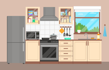 The kitchen interior. Furniture, appliances, dishes and cookware. Flat design. Vector illustration.