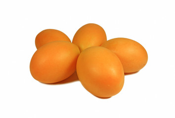 Many Bright Orange Yellow Fresh Ripe Marian Plum Fruits Isolated on White Background 