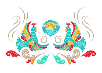 Obraz premium National folk ornament. Russian Boretskaya painting. Decorative elements birds, plants and flower ornament background. Background painting. North-Dvina painting. Postcard.