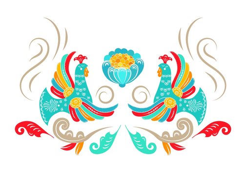 National folk ornament. Russian Boretskaya painting. Decorative elements birds, plants and flower ornament background. Background painting. North-Dvina painting. Postcard.