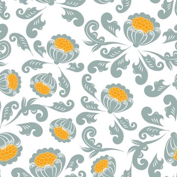National folk seamless pattern ornament. Russian Boretskaya painting. Decorative elements plants and flower ornament background. North-Dvina painting. Postcard.