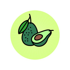 Avocado flat illustration. Avocado icon. Avocado one cut in half with bone and a whole avocado with a leaf in a green circle.
