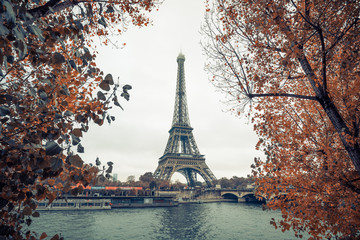Fototapeta na wymiar Eiffel tower at paris from the river seine in autumn season , paris , france , europe