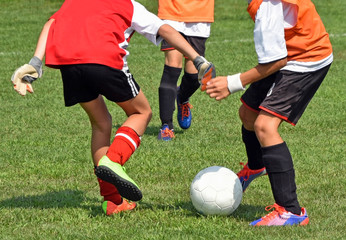 Kids are playing soccer outdoor