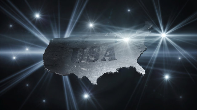 United States Of America Map in Space With Flares and Stars 3D Rendering