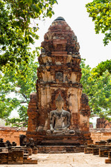 Ancient buddha statue in archaeological site at Wat Mahathat temple . old sculpture in history is a world heritage .