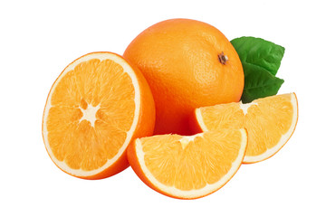 Orange with slice and leaf isolated on the white background