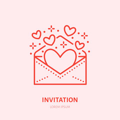 Hearts flying from envelope illustration. Party invitation flat line icon, romantic relationship. Valentines day greeting sign.