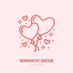 Heart shape balloons illustration. Party decoration flat line icon, romantic relationship. Valentines day greeting sign.