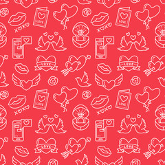Valentines day seamless pattern. Love, romance flat line icons - hearts, engagement ring, kiss, balloons, doves, valentine card. Red, white wallpaper for february 14 celebration.