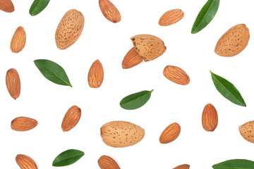 almonds with leaves isolated on white background. Flat lay pattern