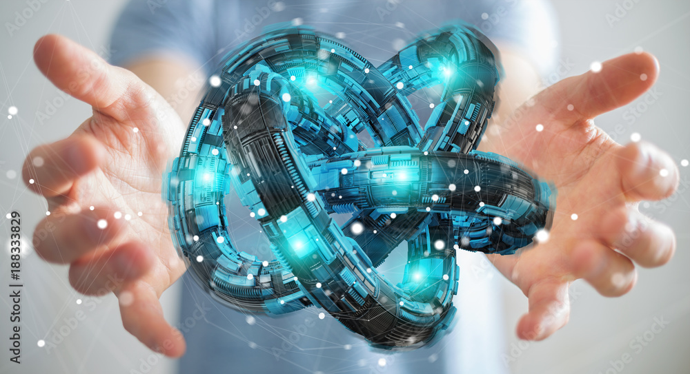 Poster businessman using futuristic torus textured object 3d rendering