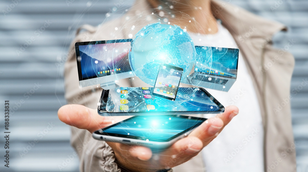 Aufkleber businessman connecting tech devices and icons applications 3d rendering