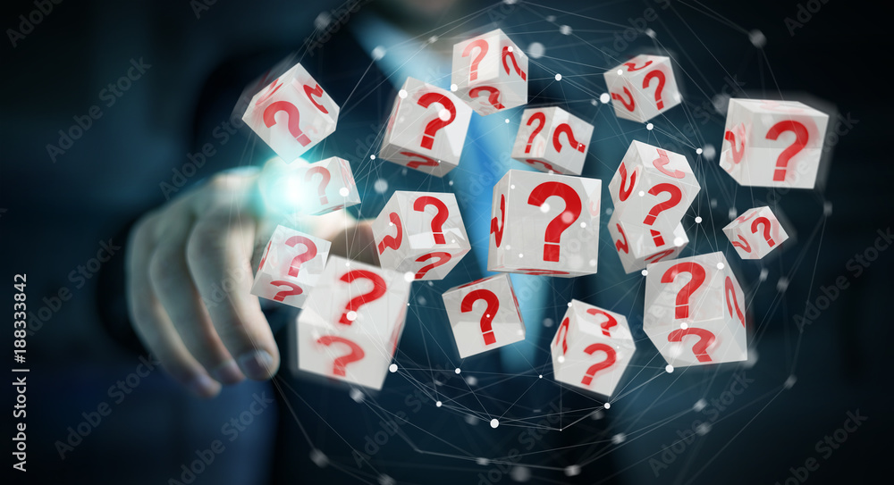 Poster Businessman using cubes with 3D rendering question marks
