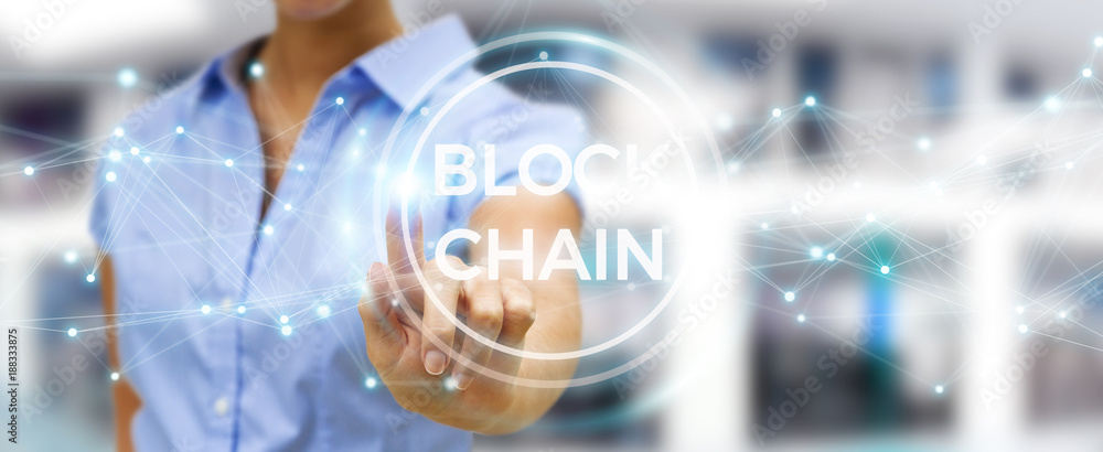 Poster Businesswoman using blockchain cryptocurrency interface 3D rendering