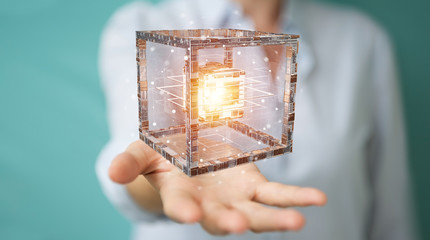 Businesswoman using futuristic cube textured object 3D rendering