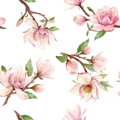 Naklejka premium Watercolor magnolia floral vector pattern