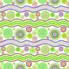 Australian design with dots, circles and waves. Seamless pattern. Hand painting