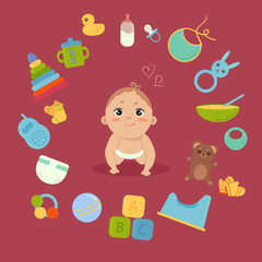 Set with cute little baby in diaper with newborn essentials in circle around. Babyboy and many elements and toys. Comforter, monitor, teddy bear, toilet, etc. Boy infant. Colorful vector.