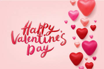 Happy Valentines Day Vector Lettering and 3d hearts on pink background. Love greeting card design.